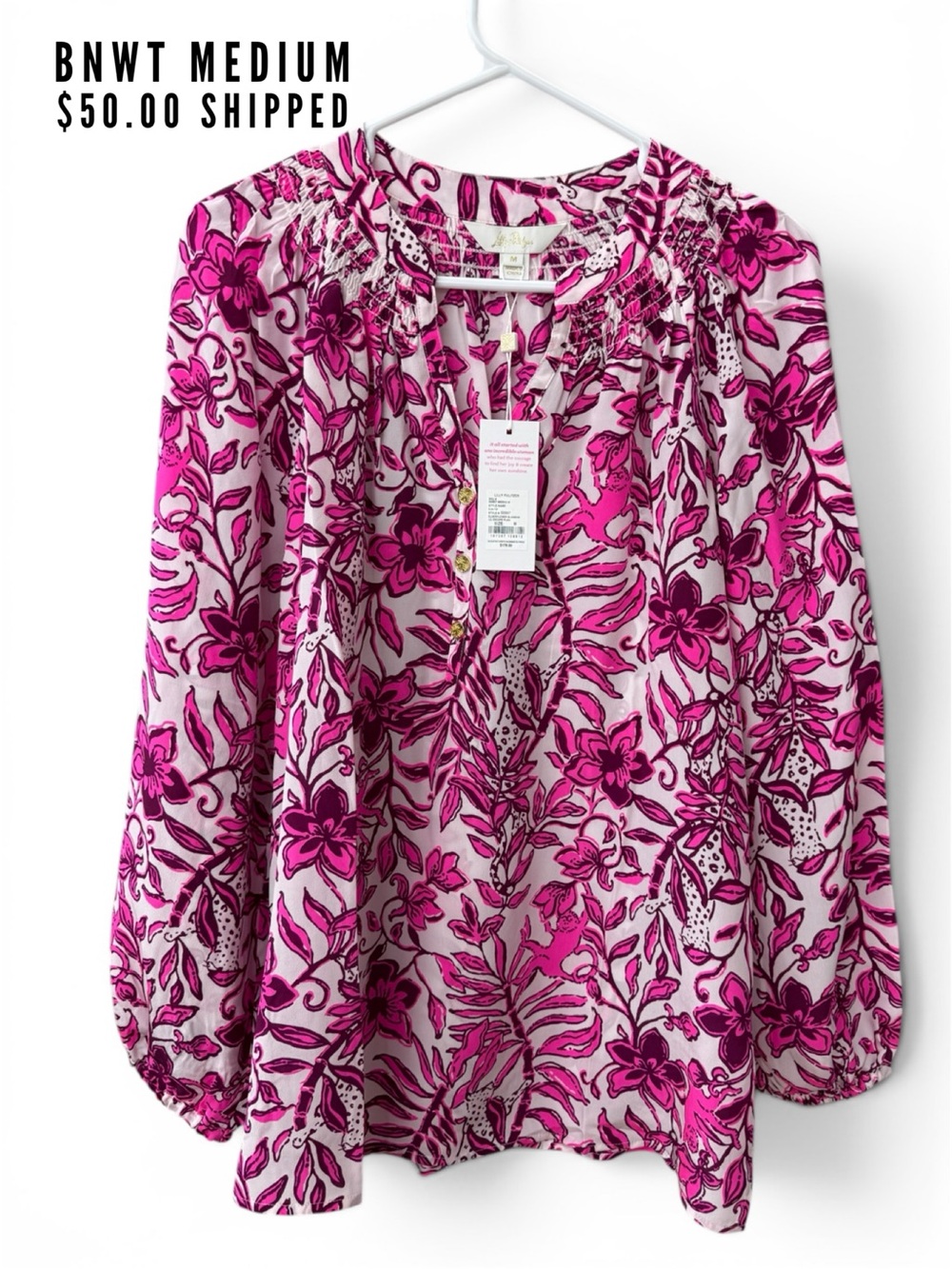 Lilly Pulitzer Women’s Floral Smocked Neck Blouse - Pink/White